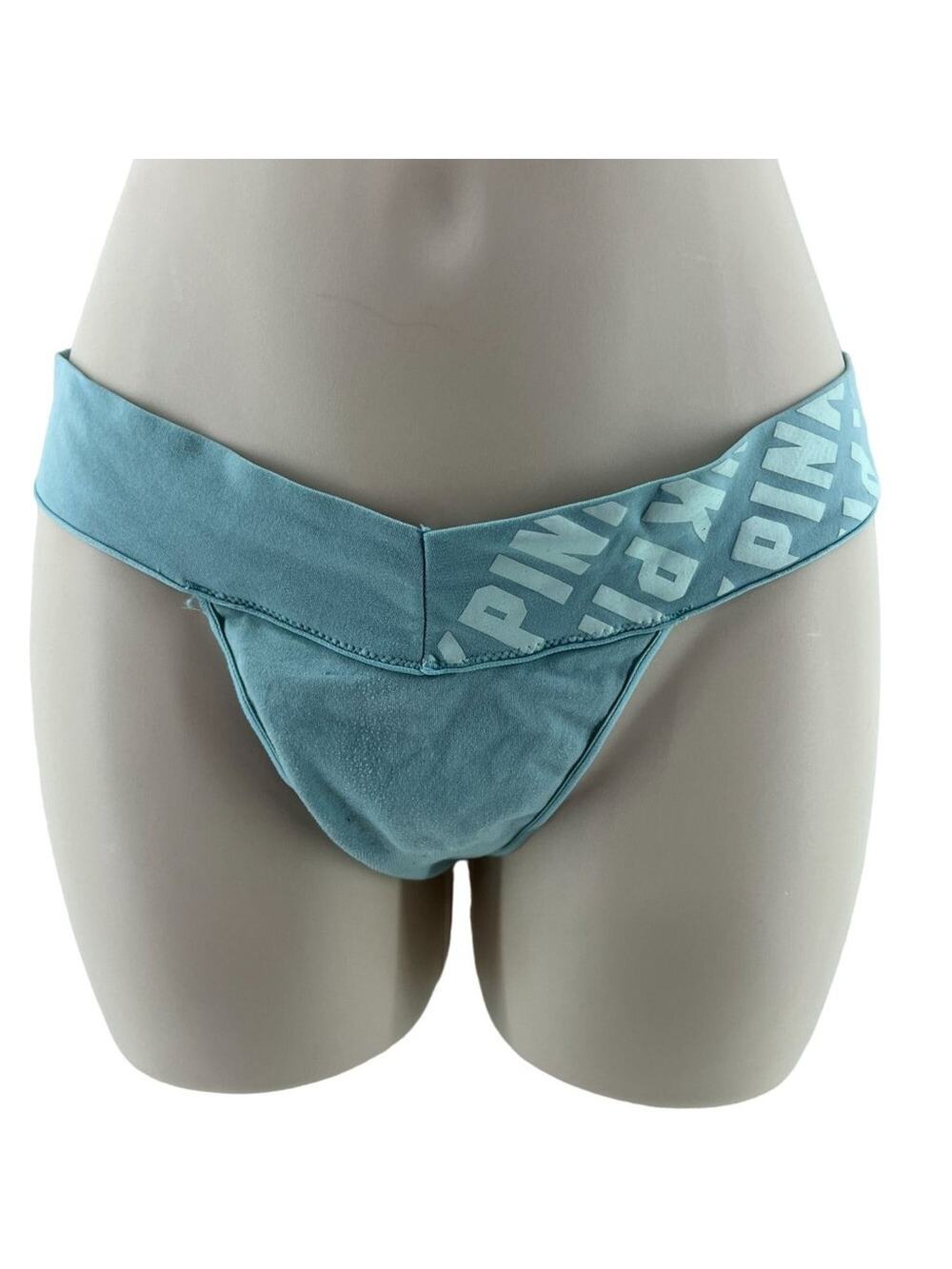 Victoria's Secret PINK Muted Teal Wide Logo Waist Thong Medium